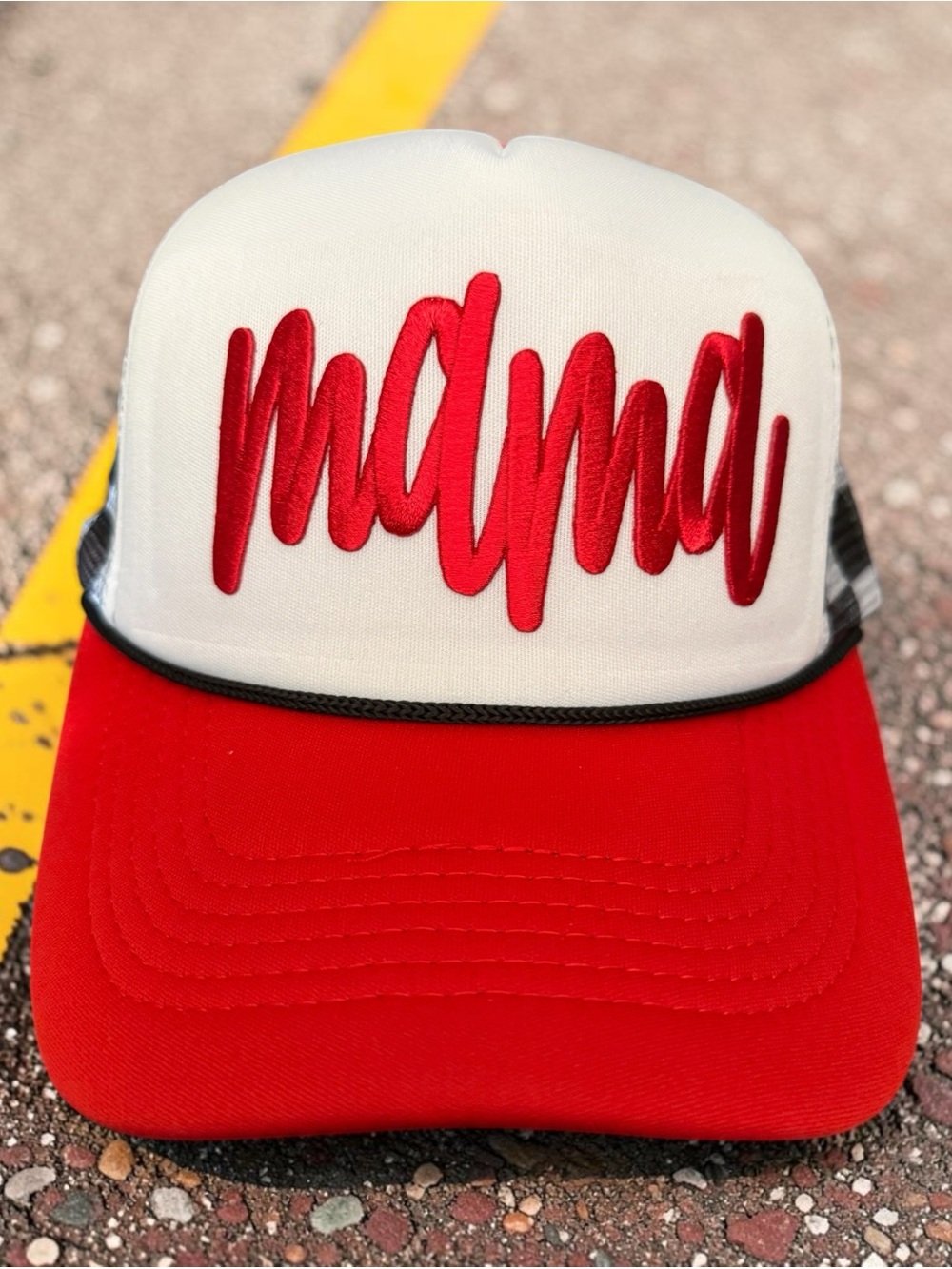White and Red Trucker Hat with Red Script Front